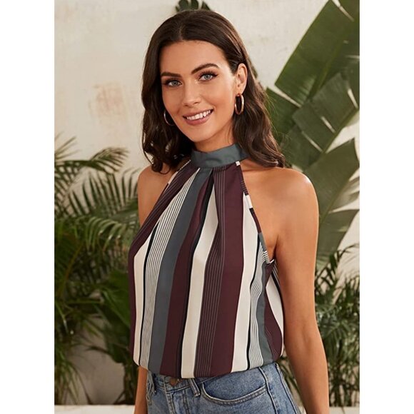 Green Multi Striped Printed High Neck Halter Sleeveless Keyhole Tank‎ Top Blouse - Picture 2 of 7